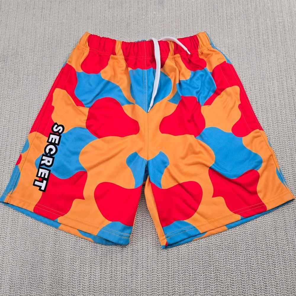 Secret Scientist Shorts Mens Small Orange Red Blue Camo Hip Hop Streetwear AOP